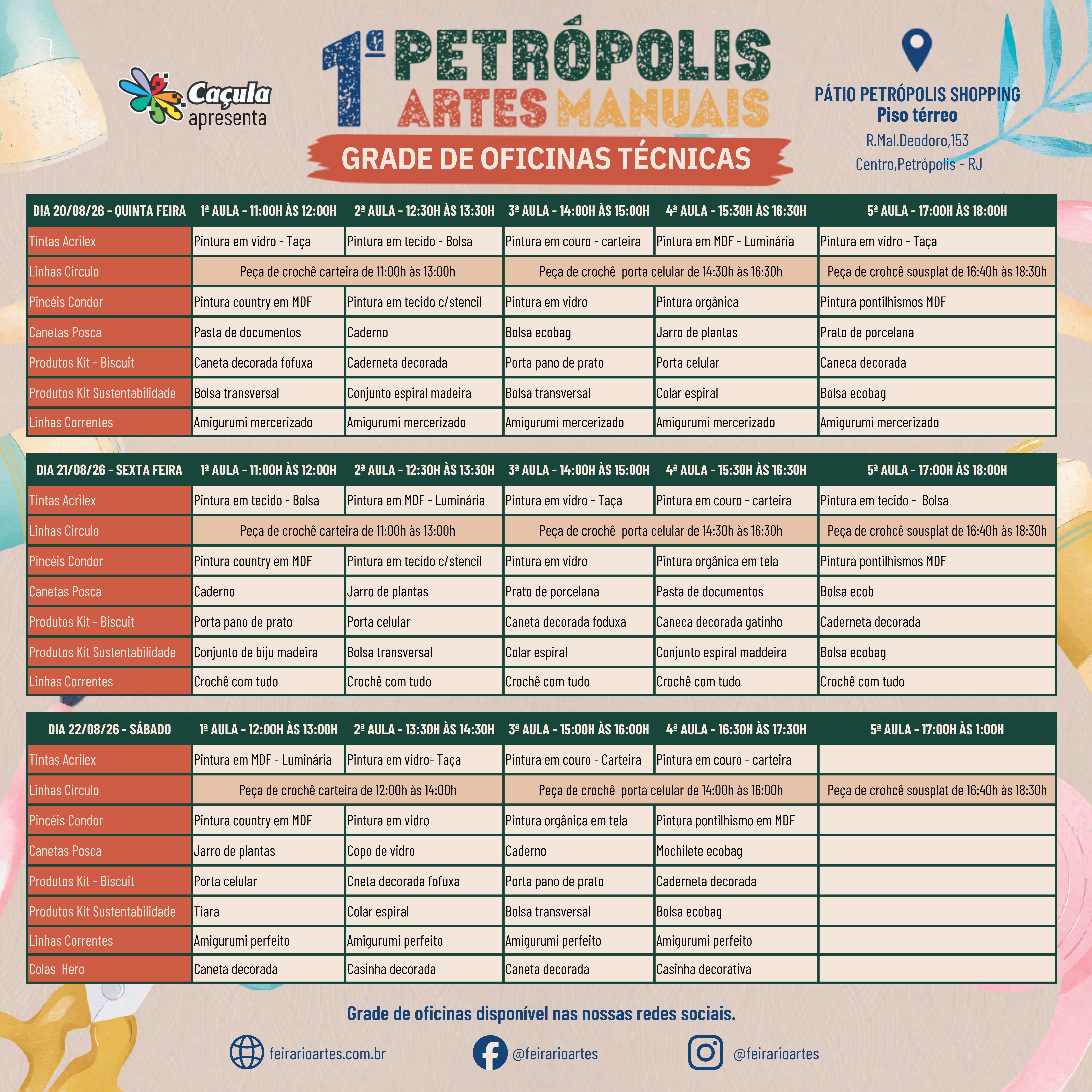 1ª Petrópolis Artes Manuais — oficinas de 20 a 22 de agosto de 2026 no Pátio Petrópolis Shopping.